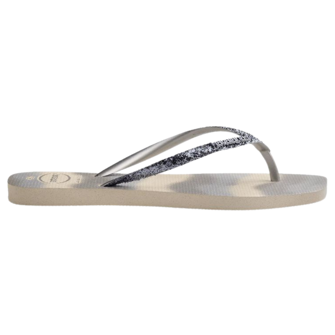 Chinelo Havaianas Slim Square Glitter Party Bege Palha / Prata