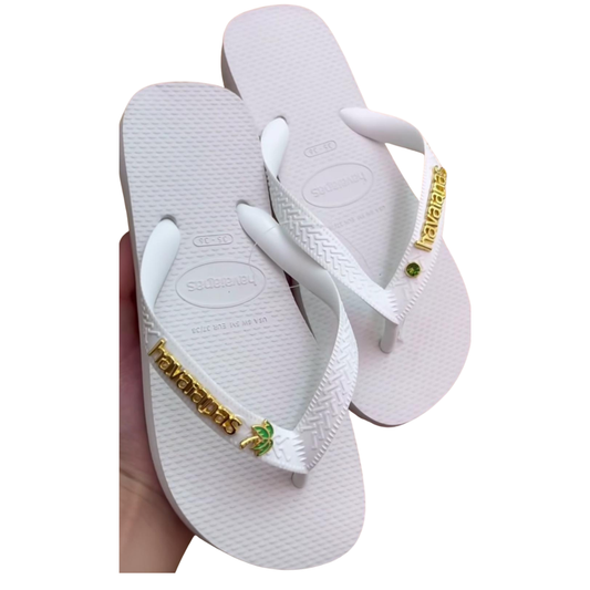 Top Branca + Placa Dourada + Coqueiro + Pingo de Luz Verde Citrico