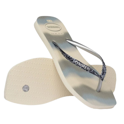 Chinelo Havaianas Slim Square Glitter Party Bege Palha / Prata